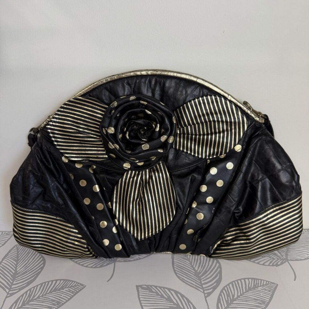 Black And Gold Leather Purse Vintage Floral Polka Dot Stripes Crossbody 80s 90s